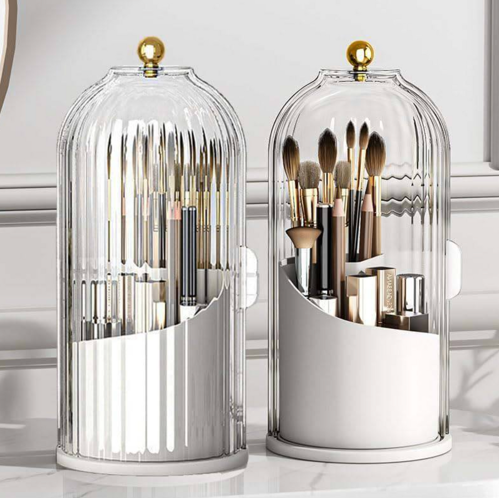 360° Rotating Makeup Brush Holder with Protective Lid – Elegant Beauty Storage Organizer