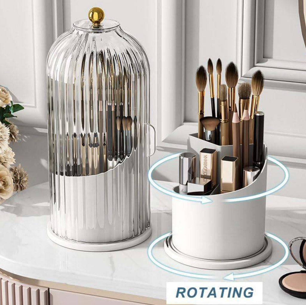 360° Rotating Makeup Brush Holder with Protective Lid – Elegant Beauty Storage Organizer
