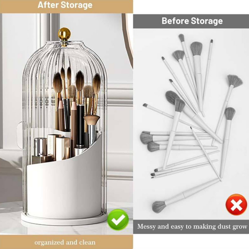360° Rotating Makeup Brush Holder with Protective Lid – Elegant Beauty Storage Organizer