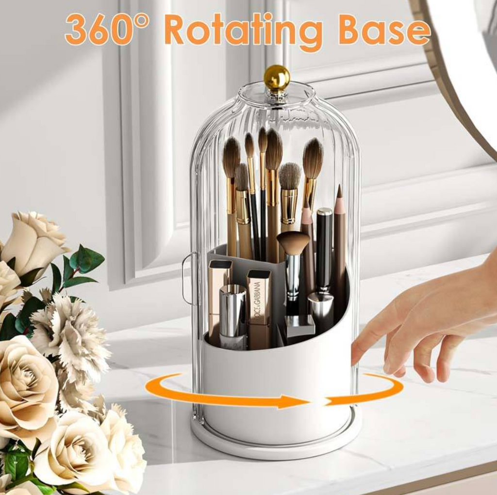360° Rotating Makeup Brush Holder with Protective Lid – Elegant Beauty Storage Organizer